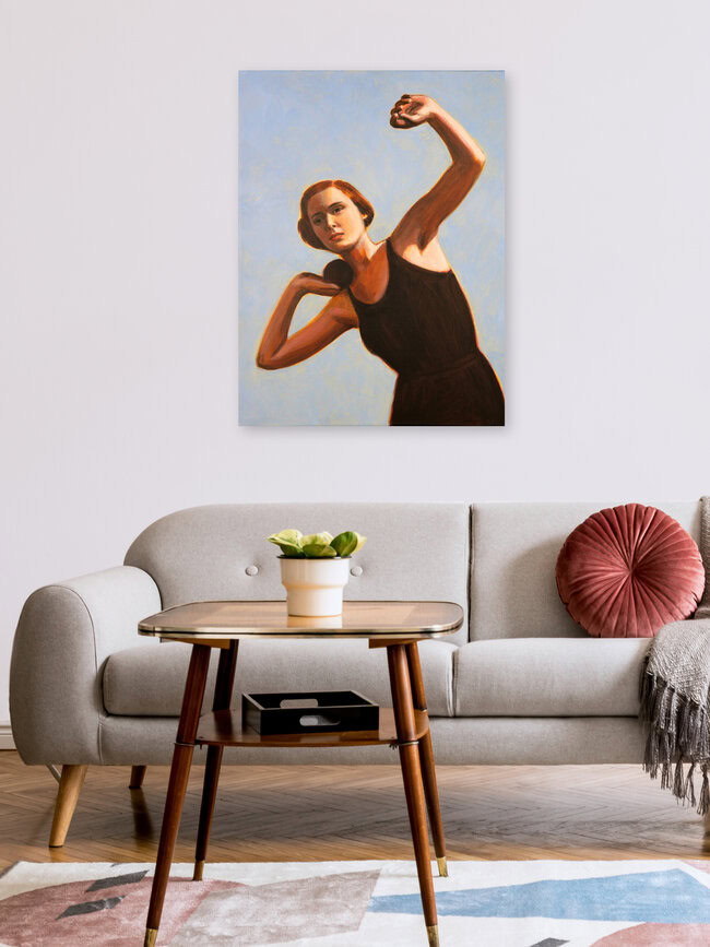 Lanceuse de poids, Allemagne – œuvre d'art de Sarah Morrissette, affiche ou impression sur verre acrylique