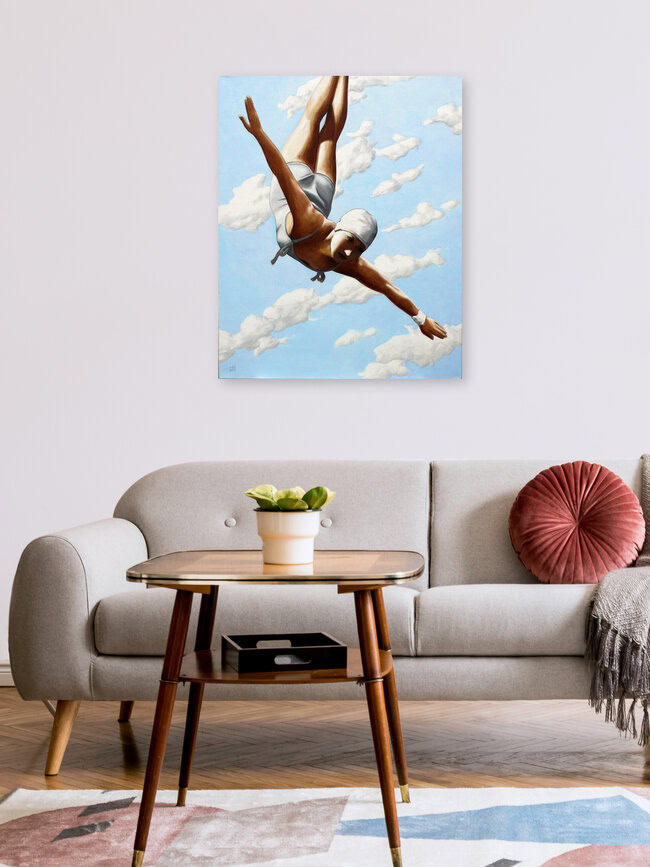 « Highdiver in the Clouds » – Art mural de Sarah Morrissette, affiche ou impression sur verre acrylique