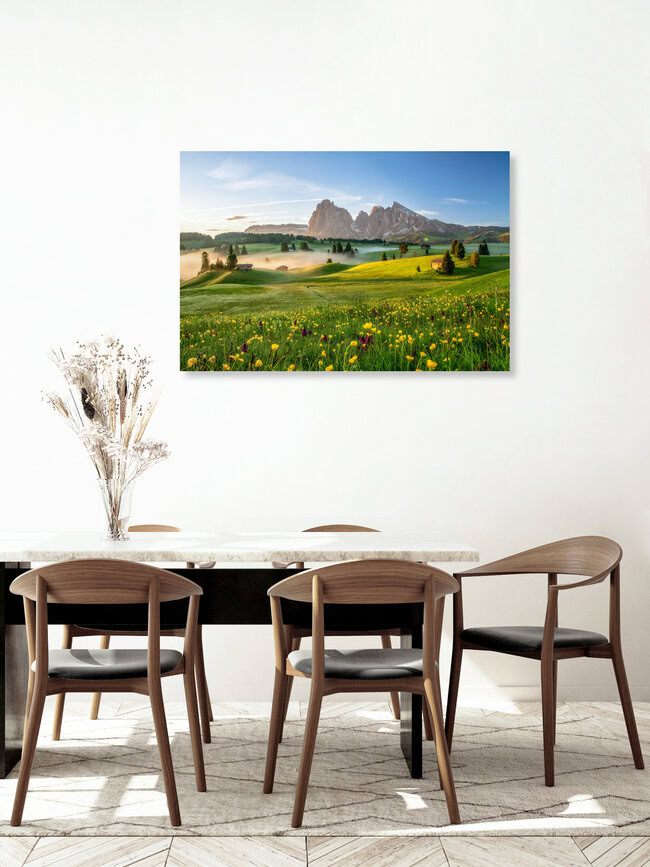 Printemps sur l'Alpe di Siusi, Tyrol du Sud, Italie – Art mural d'Achim Thomae, affiche ou impression sur verre acrylique