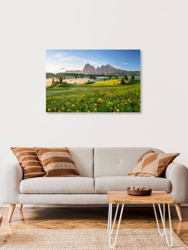 Printemps sur l'Alpe di Siusi, Tyrol du Sud, Italie – Art mural d'Achim Thomae, affiche ou impression sur verre acrylique