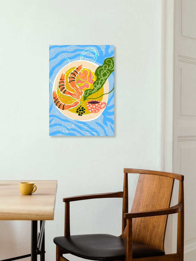 « Crevettes tigrées | Plateau de fruits de mer et crevettes » – Art mural d'Uma Gokhale, affiche ou impression sur verre acrylique
