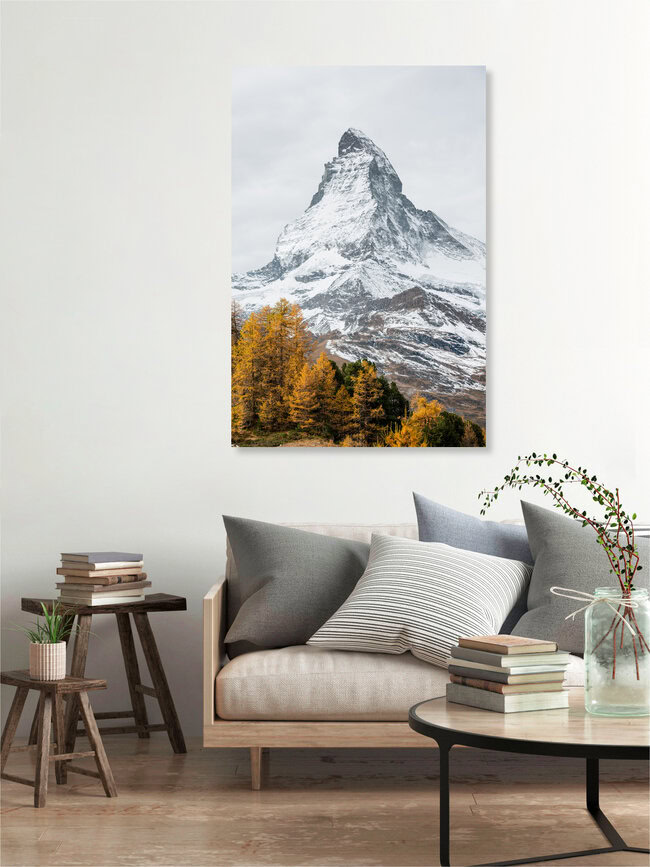 Le sommet du Cervin en automne, Suisse – œuvre d'art de Peter Wey, affiche ou impression sur verre acrylique