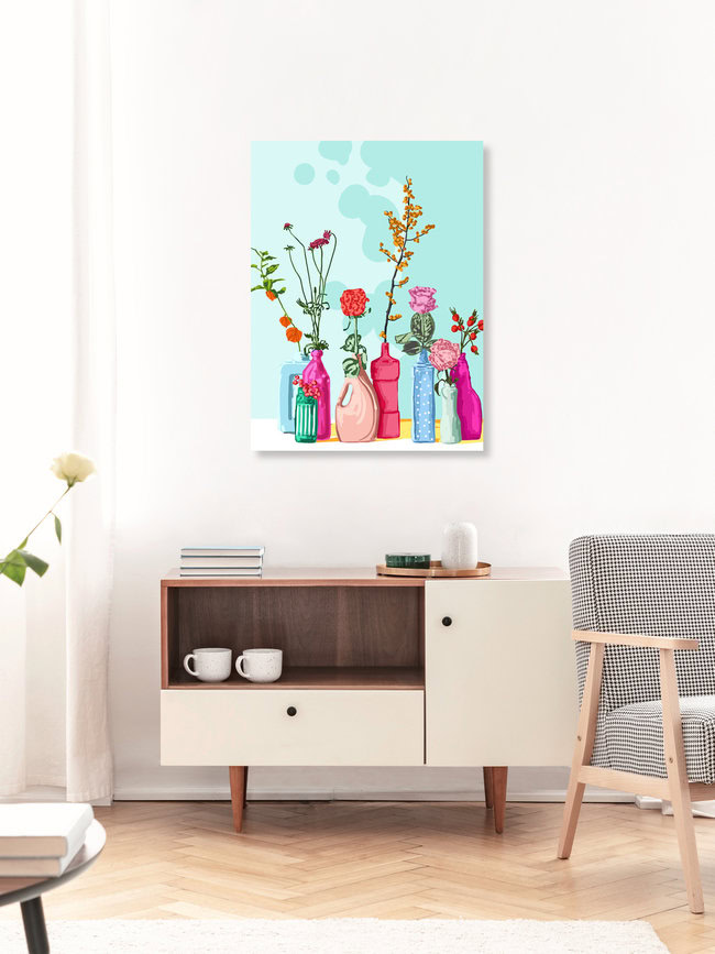 Wandbild 'Flower Pots Meadow' – Kunst von Uma Gokhale als Poster oder Acrylglasbild