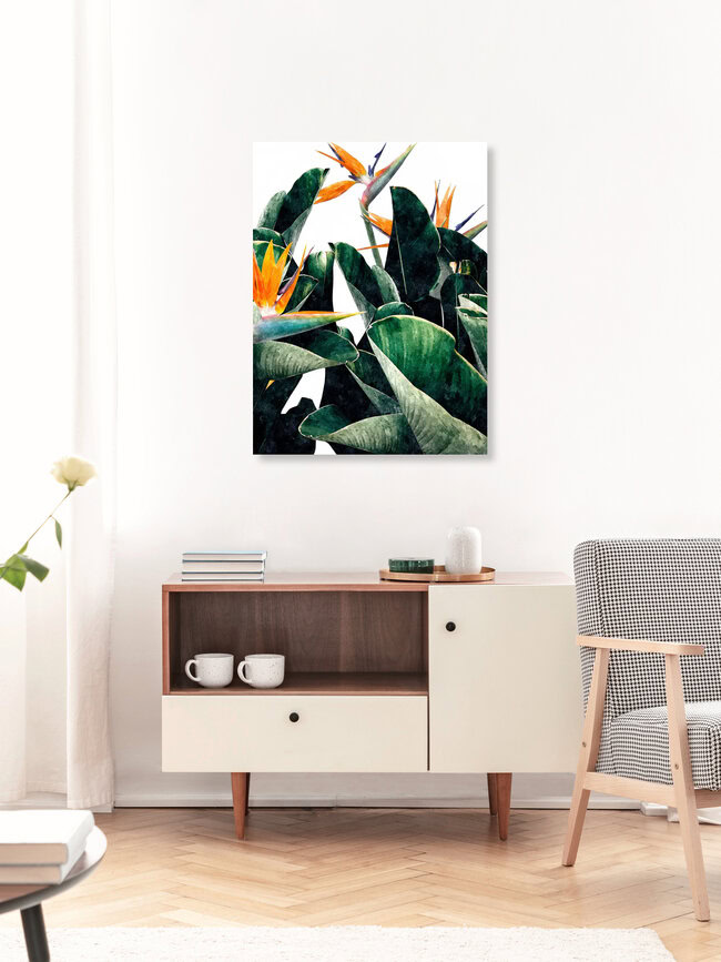 Wandbild 'Paradise Bird, Nature Botanical Plant Floral, Tropical Garden' – Kunst von Uma Gokhale als Poster oder Acrylglasbild