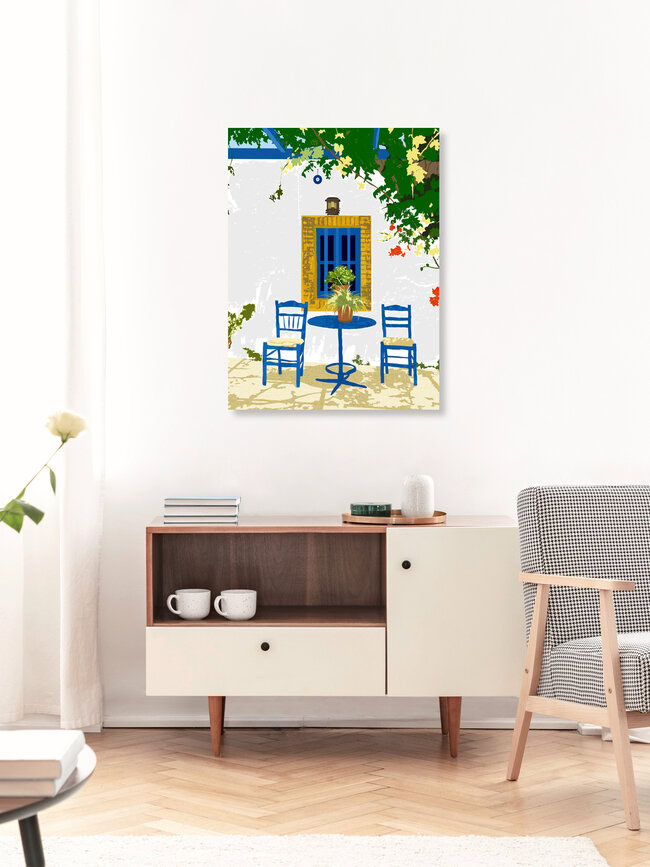 'Greek Vacay For Two, Evil Eye Santorini Travel Summer, Eclectic Travel' – Wall Art by Uma Gokhale as Poster or Acrylic Glass Print