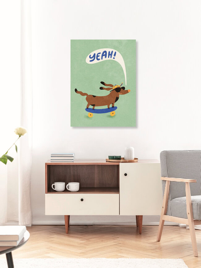 Wandbild 'cooler Hund auf Skateboard' – Kunst von Raissa Oltmanns als Poster oder Acrylglasbild