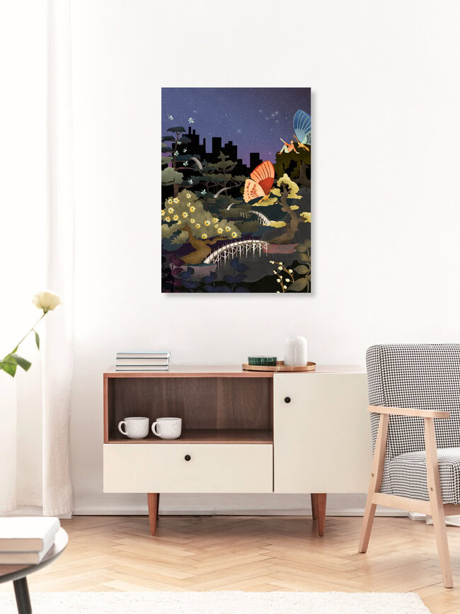Wandbild 'BUTTERFLIES AND BONSAIS' – Kunst von Amalia Restrepo als Poster oder Acrylglasbild