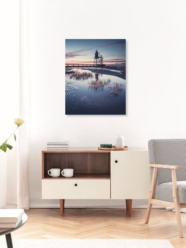 Historical Lighthouse Obereversand at blue hour, Germany – wall art by Franz Sussbauer as Poster or Acrylic Glass Print