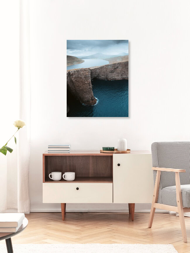 Where the lake meets the ocean, Faroe Islands – wall art by André Alexander as Poster or Acrylic Glass Print