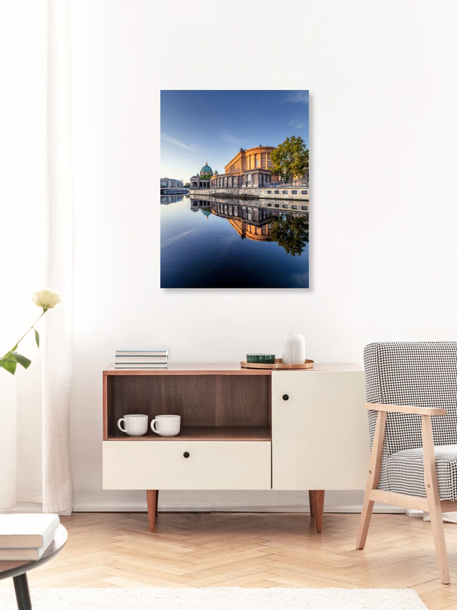 Berliner Dom Spiegelung, Deutschland – Fotokunst von Iman Azizi als Poster oder Acrylglasbild