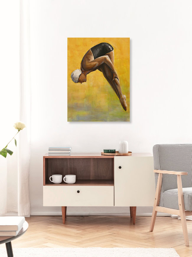 Wandbild 'Hochspringerin (Gelb)' – Kunst von Sarah Morrissette als Poster oder Acrylglasbild