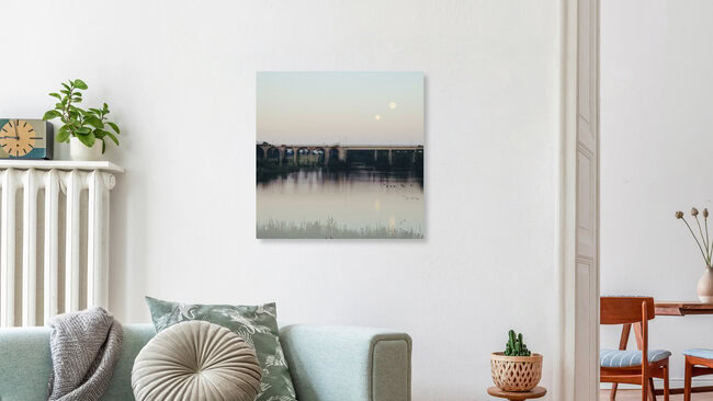 Bielefeld Obersee mit Brücke und 2 Monden - Doppelbelichtung, Deutschland – Fotokunst von Nadja Jacke als Poster oder Acrylglasbild