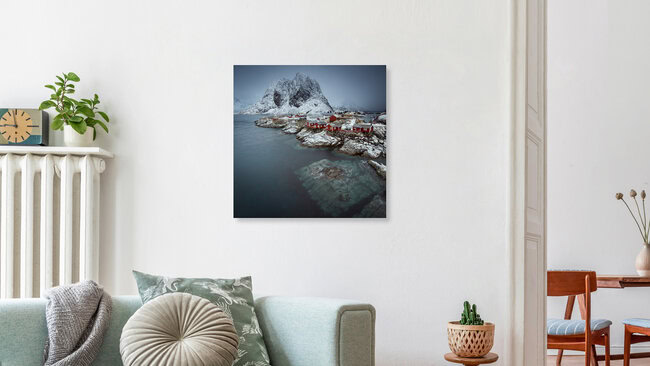 Hamnøy in a misty morning // Lofoten islands, Norwegen – Fotokunst von Eva Stadler als Poster oder Acrylglasbild