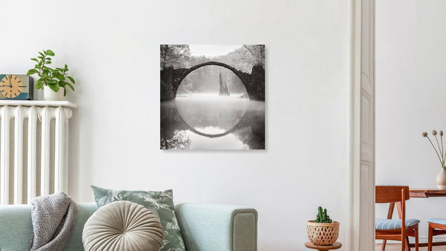 Rakotzbrücke im Nebel, Deutschland – Fotokunst von Ronny Behnert als Poster oder Acrylglasbild