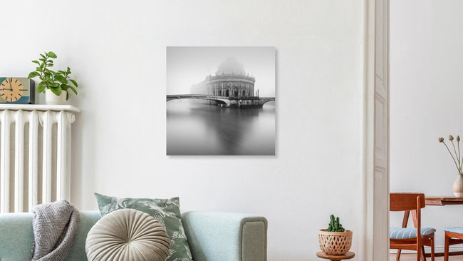 Berliner Bode-Museum im Nebel, Deutschland – Fotokunst von Ronny Behnert als Poster oder Acrylglasbild