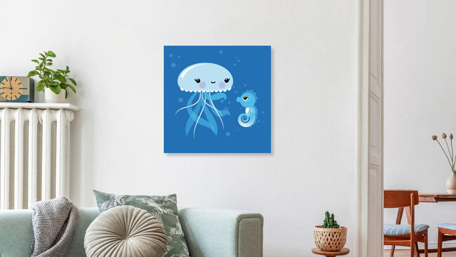 'Best Friends – Children’s room picture with jellyfish and seahorse' – Wall Art by Pia Kolle as Poster or Acrylic Glass Print
