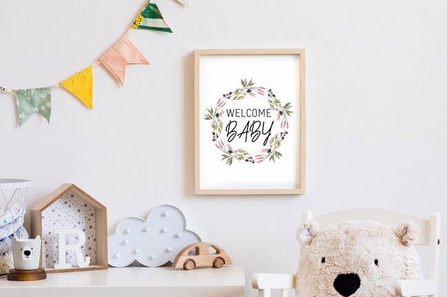 'Kinderbild Welcome Baby Blumenkranz' – Wall Art by Christina Wolff as Poster or Acrylic Glass Print