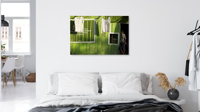 Boy in front of green house, Myanmar., Myanmar – wall art by Christina Feldt as Poster or Acrylic Glass Print