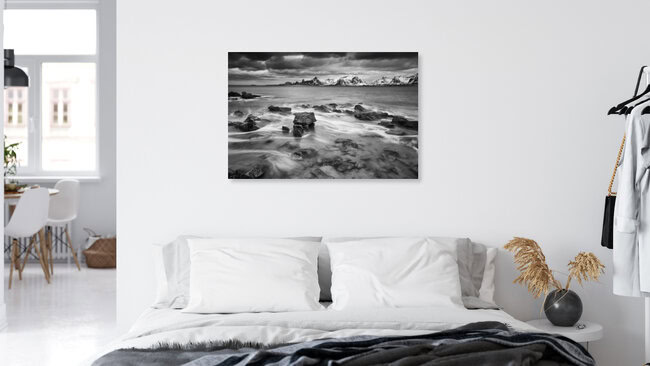 windy morning // Fredvang beach, Lofoten islands, Norwegen – Fotokunst von Eva Stadler als Poster oder Acrylglasbild