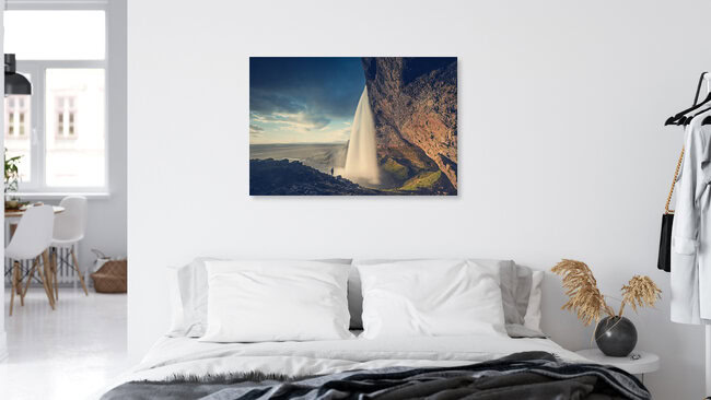 Seljalandsfoss at golden hour with one person, Iceland Posters – wall art by Franz Sussbauer as Poster or Acrylic Glass Print