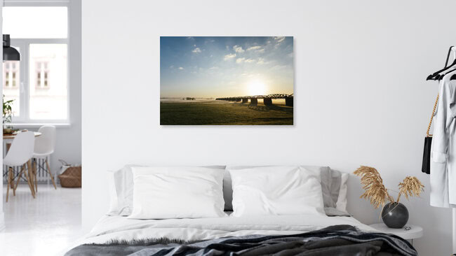 Die Elbbrücke Dömitz kurz nach Sonnenaufgang., Deutschland – Fotokunst von Nadja Jacke als Poster oder Acrylglasbild