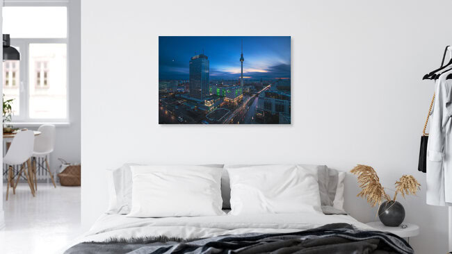 Berlin Skyline Blaue Stunde am Alexanderplatz, Deutschland – Fotokunst von Jean Claude Castor als Poster oder Acrylglasbild