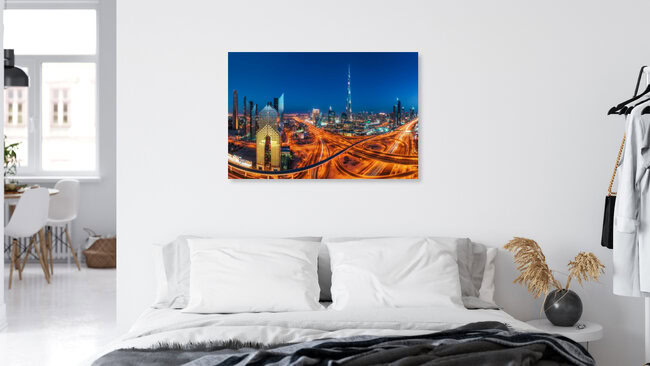 Dubai Skyline Panorama with Sheyk Zayed Road and Burj at Blue Hour, United Arab Emirates – wall art by Jean Claude Castor as Poster or Acrylic Glass Print