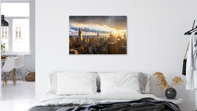 Manhattan Skyline bei Sonnenuntergang, Vereinigte Staaten – Fotokunst von Jan Becke als Poster oder Acrylglasbild