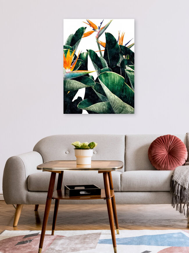 Wandbild 'Paradise Bird, Nature Botanical Plant Floral, Tropical Garden' – Kunst von Uma Gokhale als Poster oder Acrylglasbild