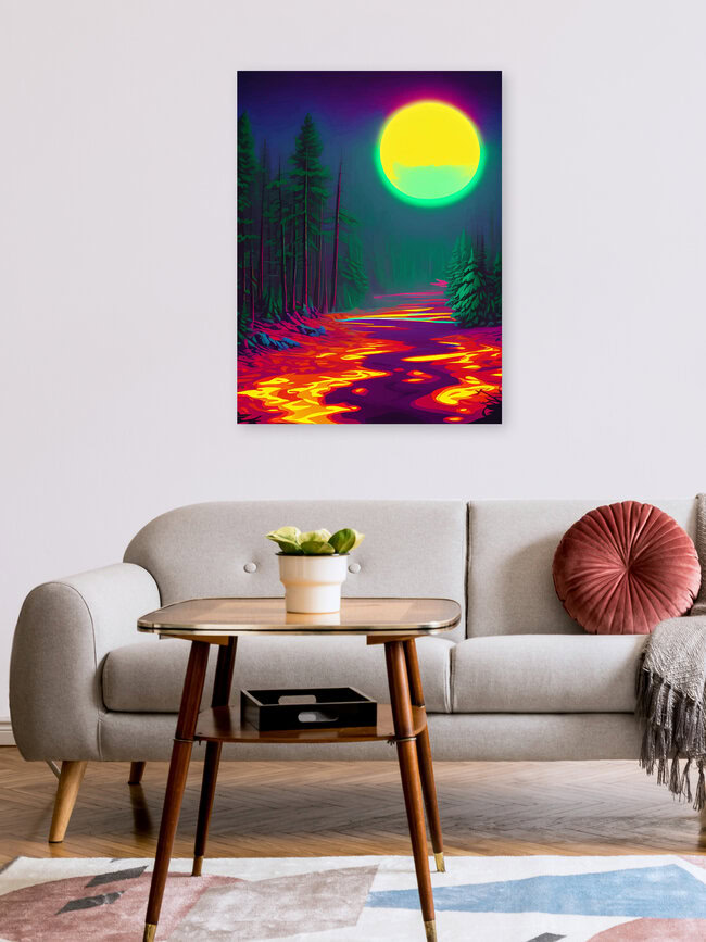 Neon Moon, Color Pop Art Glow Forest, Nature Landscape Adventure, India – wall art by Uma Gokhale as Poster or Acrylic Glass Print