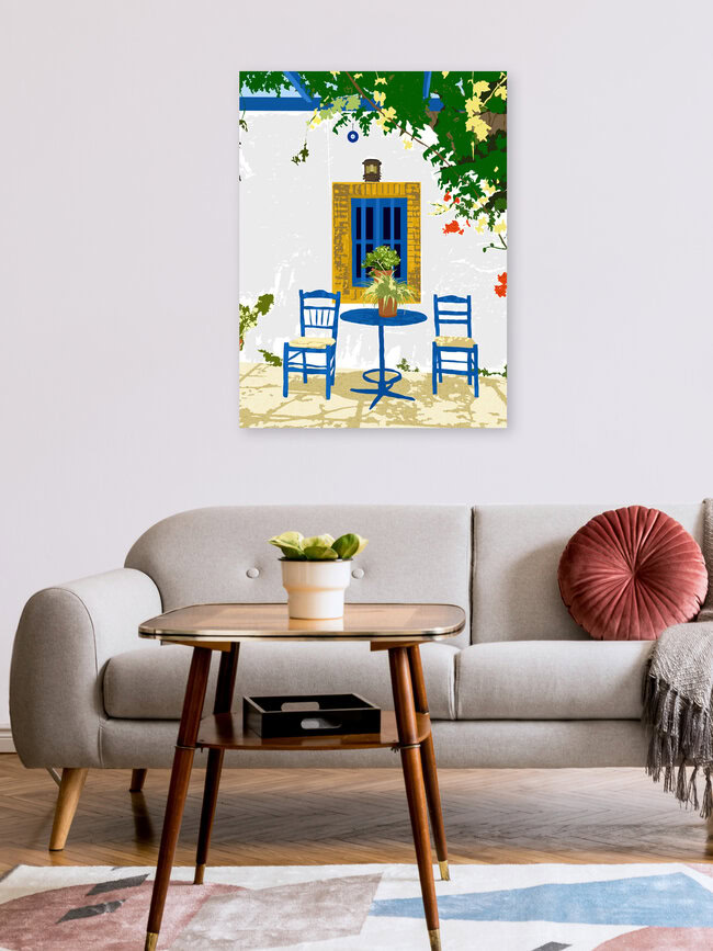 'Greek Vacay For Two, Evil Eye Santorini Travel Summer, Eclectic Travel' – Wall Art by Uma Gokhale as Poster or Acrylic Glass Print