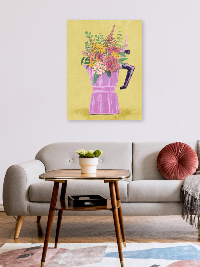 Wandbild 'Bialetti mit Blumen' – Kunst von Raissa Oltmanns als Poster oder Acrylglasbild