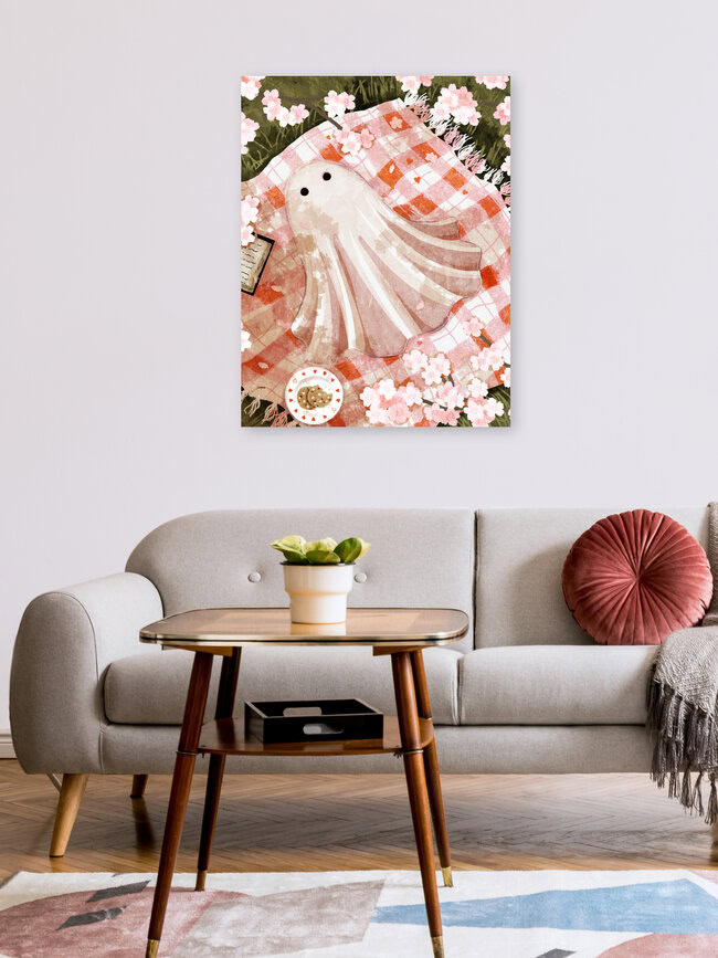 Illustration by Katherine Blower: cheerful picnic ghost under blooming cherry trees
