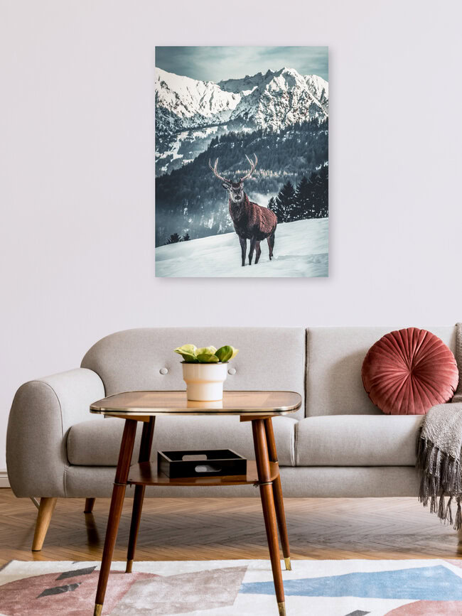 Hirsch mit Alpenkulisse, Deutschland – Fotokunst von Daniel Weissenhorn als Poster oder Acrylglasbild