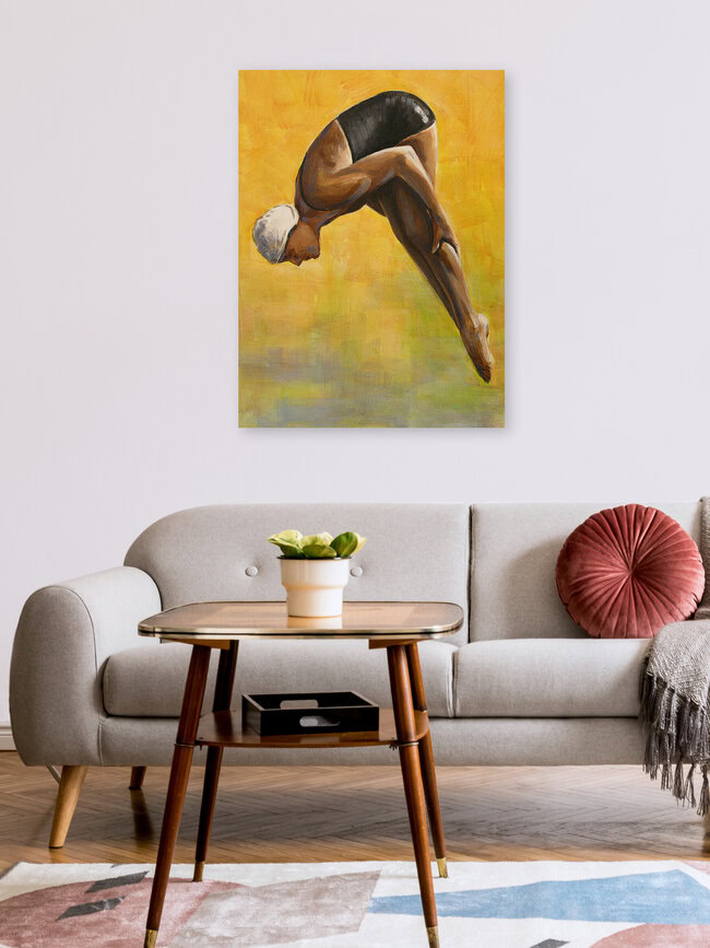 Wandbild 'Hochspringerin (Gelb)' – Kunst von Sarah Morrissette als Poster oder Acrylglasbild