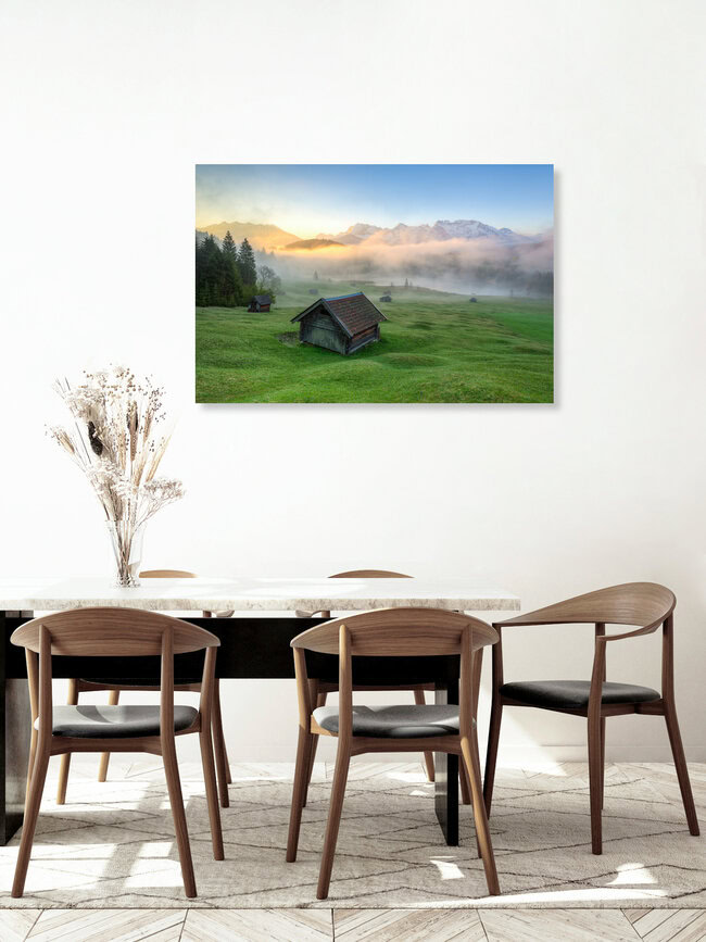 Nebel am Geroldsee in Bayern, Deutschland – Fotokunst von Michael Valjak als Poster oder Acrylglasbild