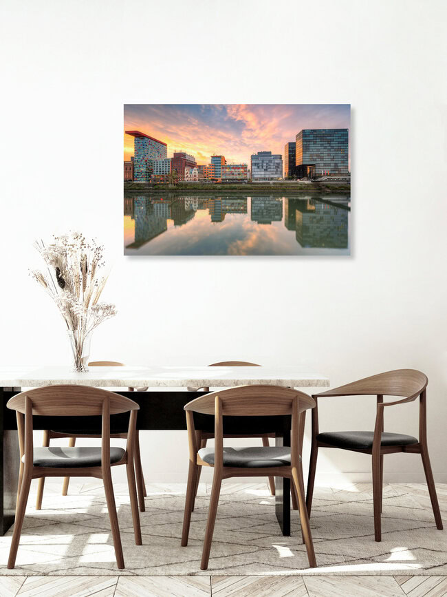 Düsseldorf Spiegelung im Medienhafen, Deutschland – Fotokunst von Michael Valjak als Poster oder Acrylglasbild
