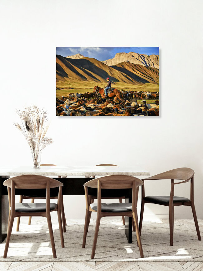 Hirte in mitten seiner Herde, Usbekistan – Fotokunst von René Ruis als Poster oder Acrylglasbild