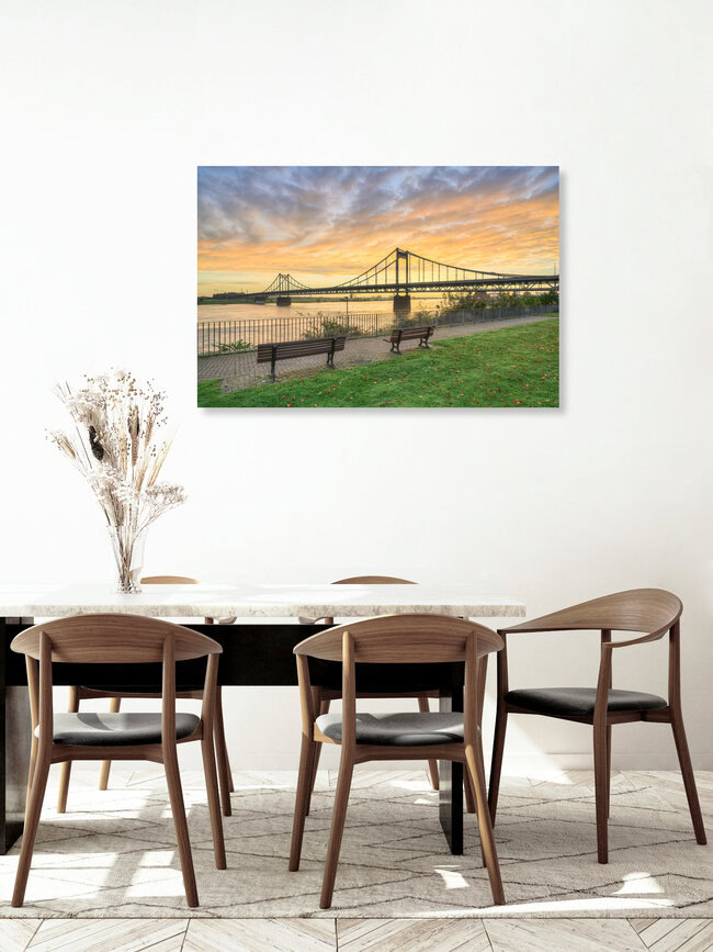 Krefeld-Uerdinger Brücke bei Sonnenaufgang, Deutschland – Fotokunst von Michael Valjak als Poster oder Acrylglasbild
