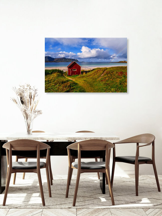 Strandhaus Lofoten Norwegen, Norwegen – Fotokunst von Achim Thomae als Poster oder Acrylglasbild
