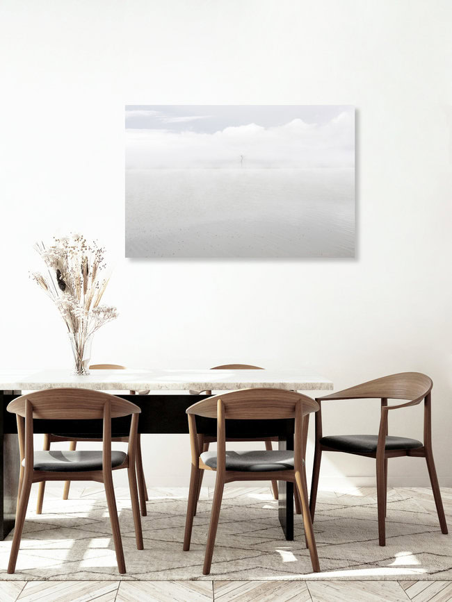 Tree in Fog, Mongolei – Fotokunst von Schoo Flemming als Poster oder Acrylglasbild