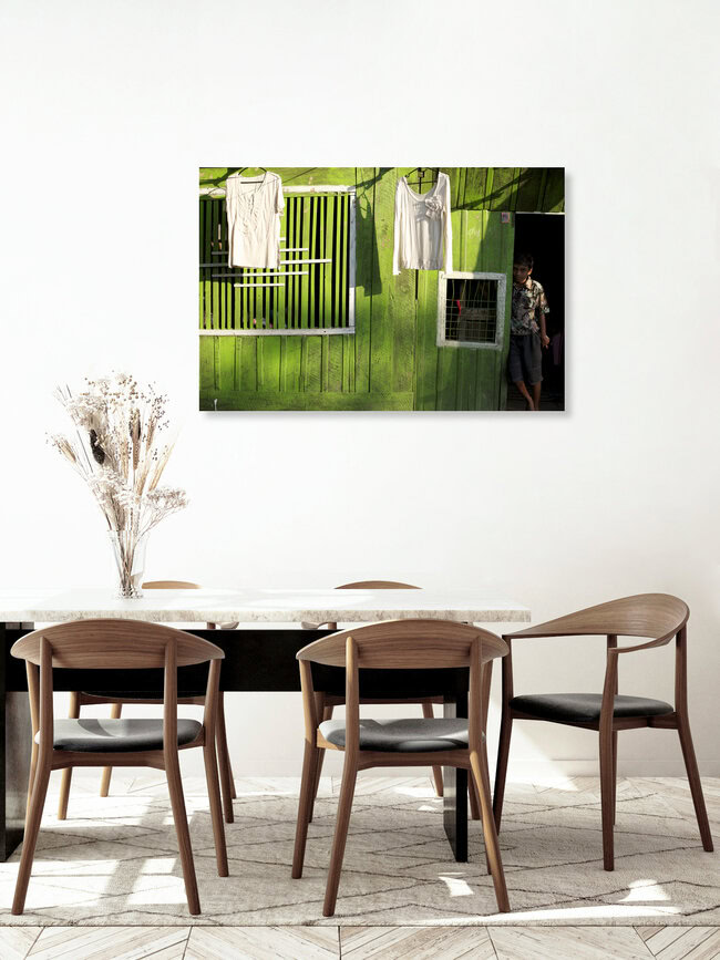 Boy in front of green house, Myanmar., Myanmar – wall art by Christina Feldt as Poster or Acrylic Glass Print