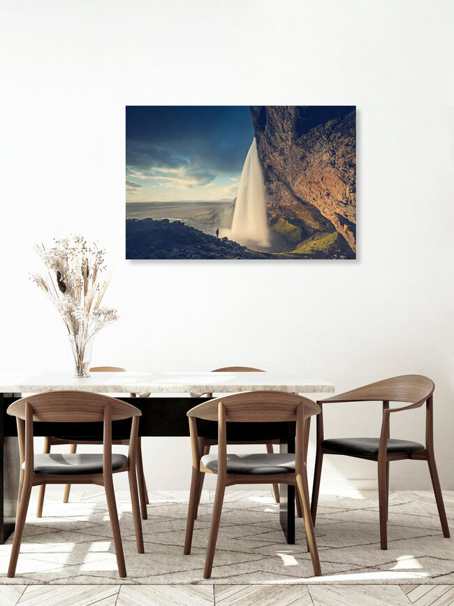 Seljalandsfoss at golden hour with one person, Iceland Posters – wall art by Franz Sussbauer as Poster or Acrylic Glass Print