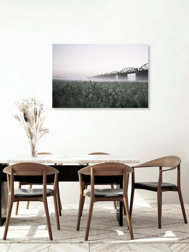 Elbbrücke Dömitz vor Sonnenaufgang mit Nebel, Deutschland – Fotokunst von Nadja Jacke als Poster oder Acrylglasbild