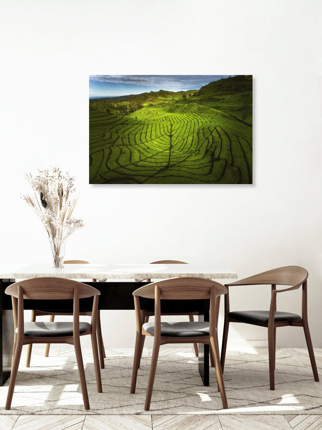 Indonesische Teeplantage auf Java, Indonesien – Fotokunst von Jean Claude Castor als Poster oder Acrylglasbild