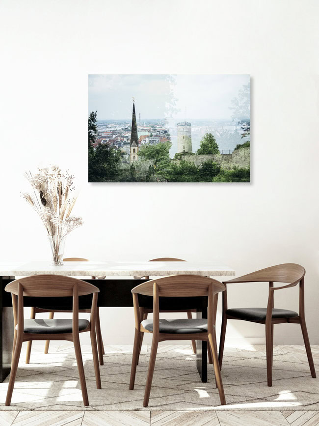 Sparrenburg und Neustädter Marienkirche in Bielefeld, Deutschland – Fotokunst von Nadja Jacke als Poster oder Acrylglasbild