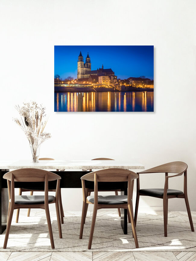 Blaue Stunde am Dom in Magdeburg, Deutschland – Fotokunst von Martin Wasilewski als Poster oder Acrylglasbild