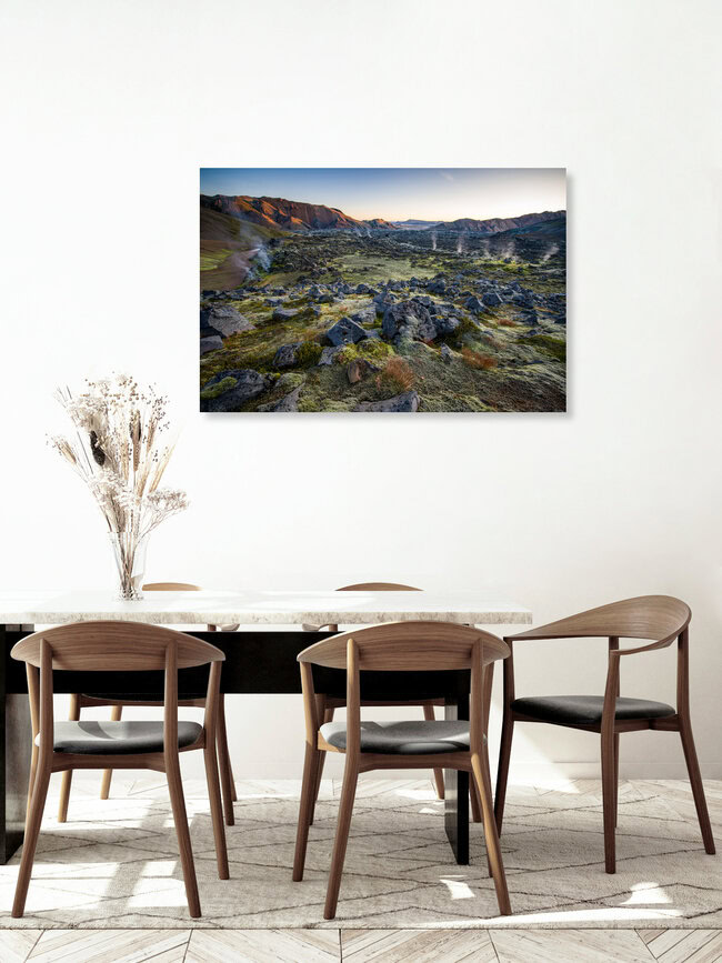 Lava field with steam pillars at sunrise, Iceland Posters – wall art by Franz Sussbauer as Poster or Acrylic Glass Print