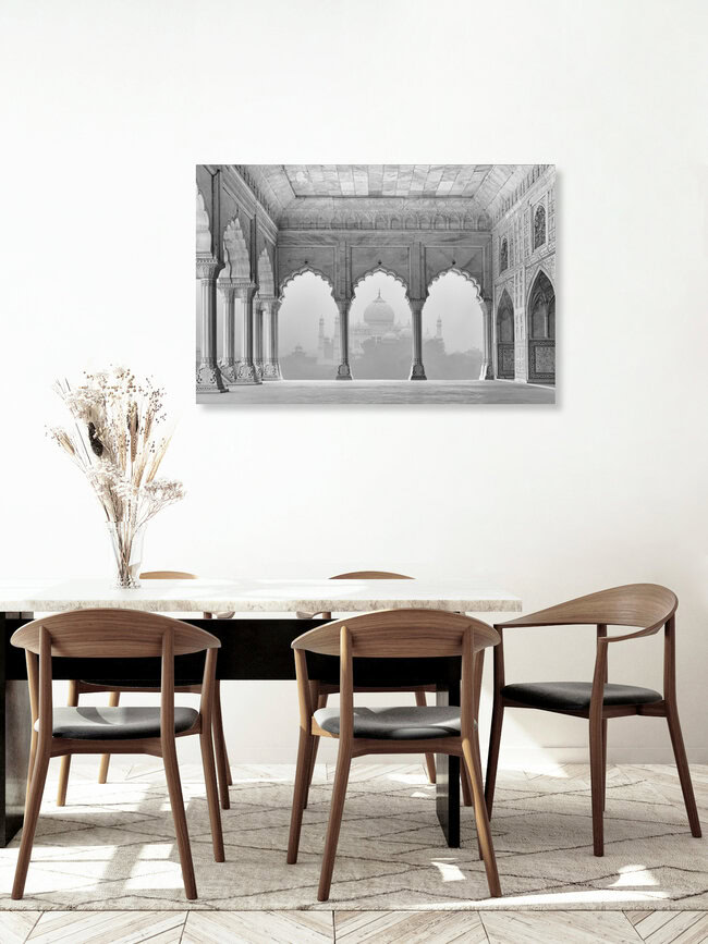 Taj Mahal im Nebel, Indien – Fotokunst von Thomas Herzog als Poster oder Acrylglasbild