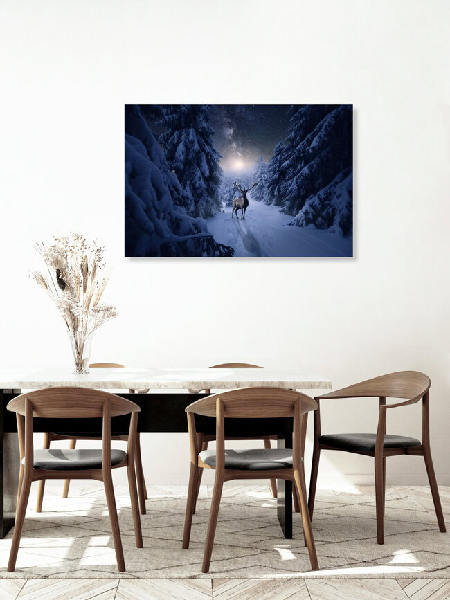 Einsamer Hirsch in einer Winternacht, Deutschland – Fotokunst von Oliver Henze als Poster oder Acrylglasbild